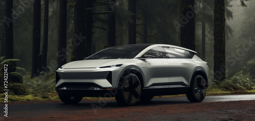 A modern concept of an electric car against the background of a forest © CaptainMCity