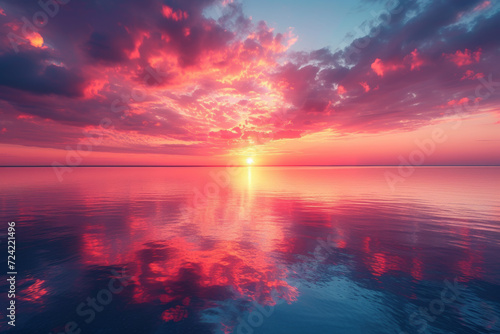 Reflections of a colorful sunrise on the surface of a calm lake, embodying the peaceful harmony between water and sky. Concept of morning serenity. Generative Ai. © Sebastian