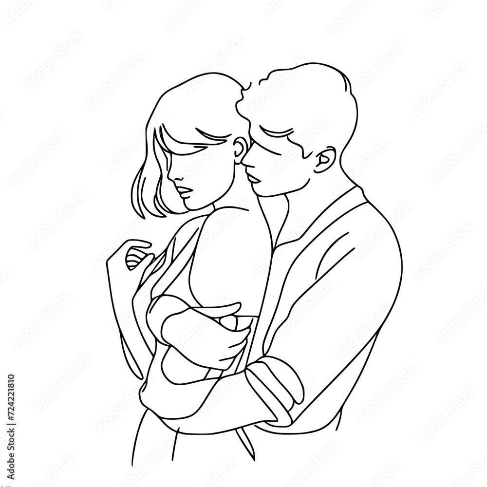One continuous line drawing of a man hugging a woman from behind and kissing her on the neck One continuous line drawing of a man hugging a woman from behind and kissing her on the neck