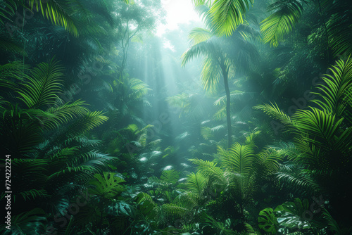 A rainforest canopy alive with exotic birds and lush vegetation  emphasizing the importance of preserving biodiversity. Concept of tropical ecosystems. Generative Ai.