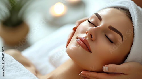 beautifil woman receiving facial massage and relaxing at spa photo