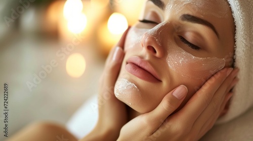 beautifil woman receiving facial massage and relaxing at spa