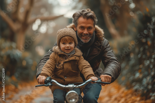 A father teaching his child to ride a bike, showcasing the guidance and support integral to family growth. Concept of parental mentorship. Generative Ai.