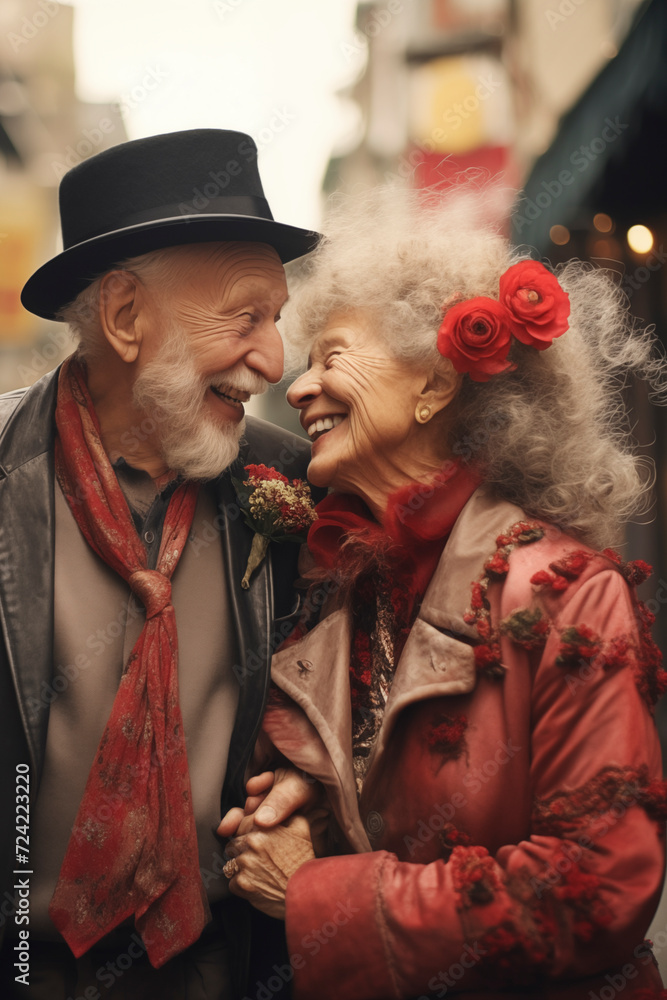 Fototapeta premium Eccentric and happy couple of eighty-year-olds stroll and hug each other through the streets of the city. Smiling and talking. Concept of enjoying the time