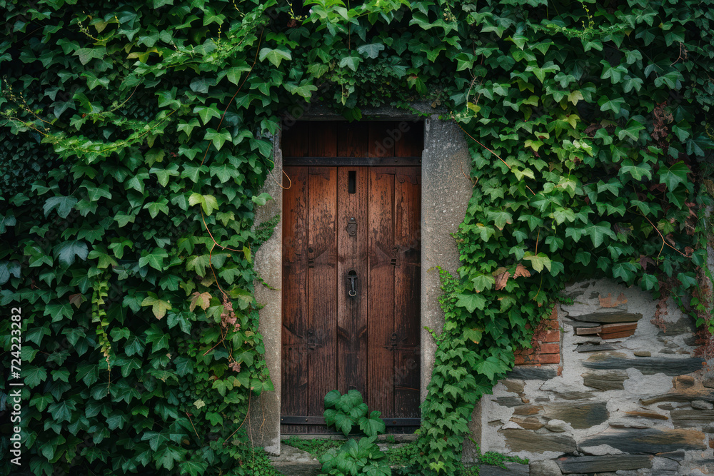 Old wooden door in the wall covered with green ivy Old wooden door in the wall covered with green ivy