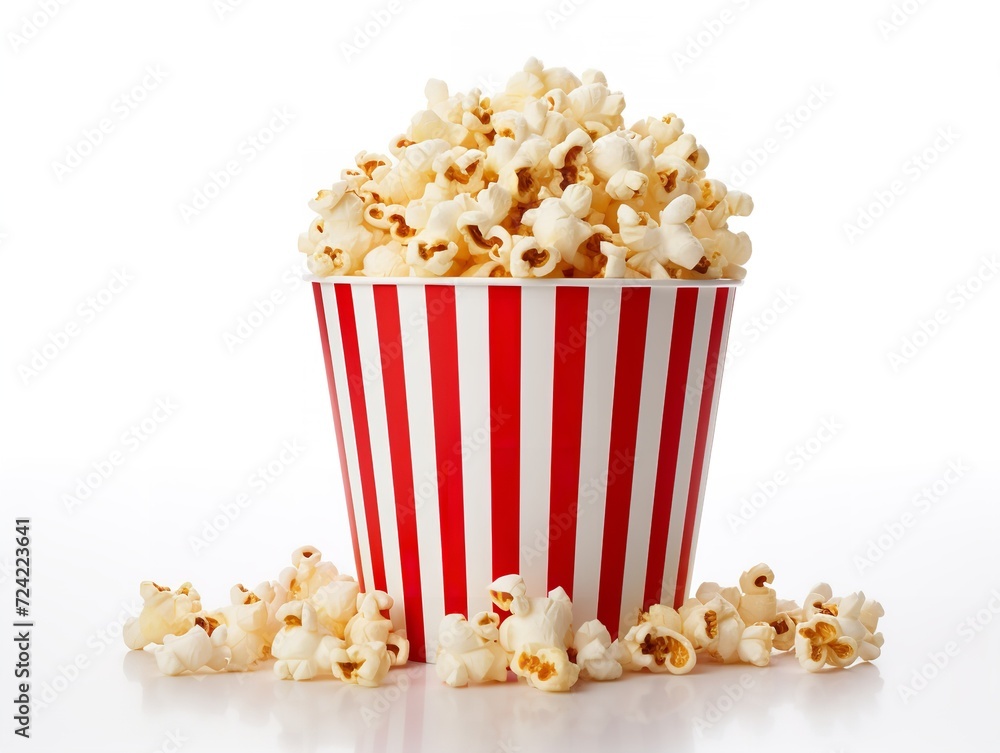 Red White Paper Popcorn Bucket Cinema Snack Isolated on White Background AI Generated Red White Paper Popcorn Bucket Cinema Snack Isolated on White Background AI Generated