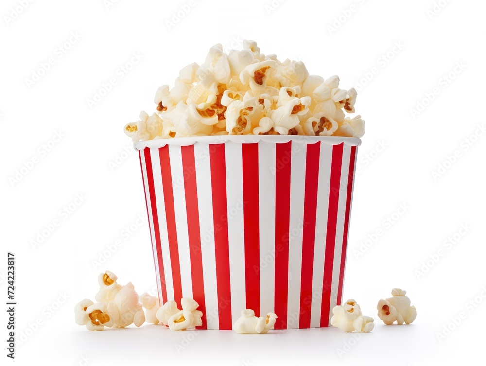 Red White Paper Popcorn Bucket Cinema Snack Isolated on White Background AI Generated Red White Paper Popcorn Bucket Cinema Snack Isolated on White Background AI Generated