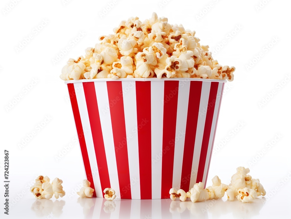 Red White Paper Popcorn Bucket Cinema Snack Isolated on White Background AI Generated