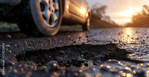 Car tire stuck in snow Pothole in pavement