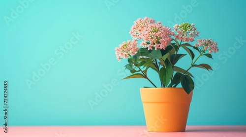 Asclepias milkweed flower in pot on minimalist vivid background photo