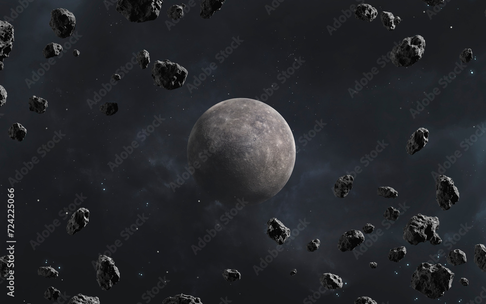 3D illustration of Mercury in asteroids field - Solar system planets set. High quality digital space art in 5K - realistic visualization