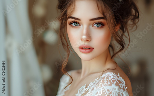 portrait of a beautiful woman in a wedding dress with glamorous makeup 