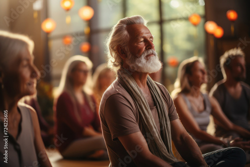 A diverse group of seniors gathers in a tranquil yoga studio, gracefully moving through poses, embodying the serenity and wellness that comes with embracing yoga in retirement. Generative Ai.