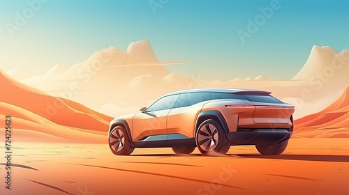 Illustration The modern concept of an electric car is moving through the desert