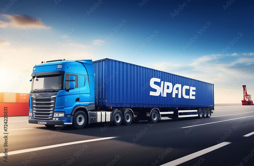 Logistics import export and cargo transportation industry concept of Container Truck run on road at sunset blue sky background with copy space.