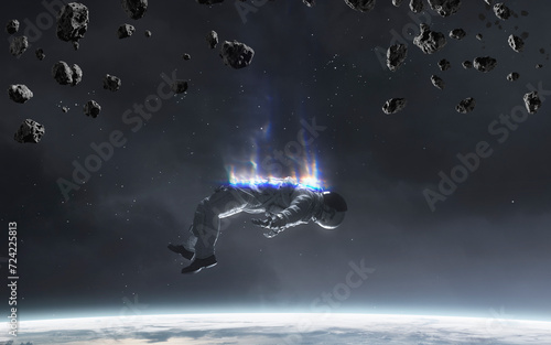 3D illustration of astronaut flies in deep space. High quality digital space art in 5K - realistic visualization