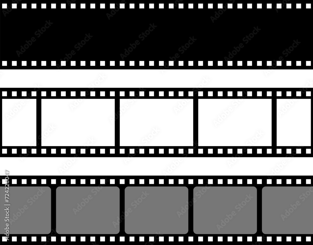 Grunge film strips collection. Old retro cinema movie strip video recording. Vector .