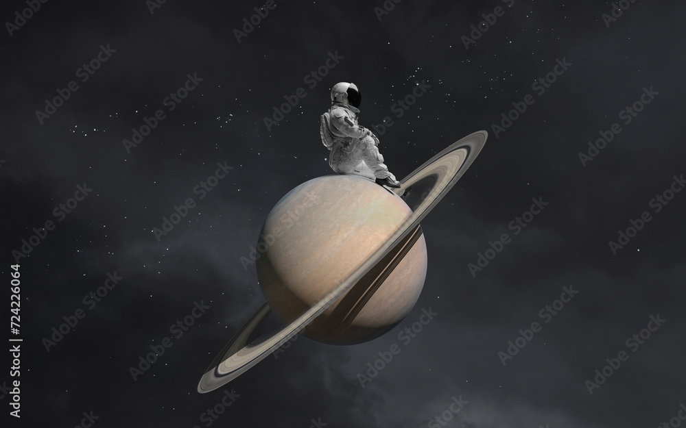 3D illustration of astronaut sitting on Saturn planet. Solar system. High quality digital space art in 5K - realistic visualization