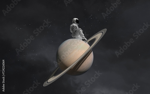 Obraz na płótnie 3D illustration of astronaut sitting on Saturn planet. Solar system. High quality digital space art in 5K - realistic visualization w salonie