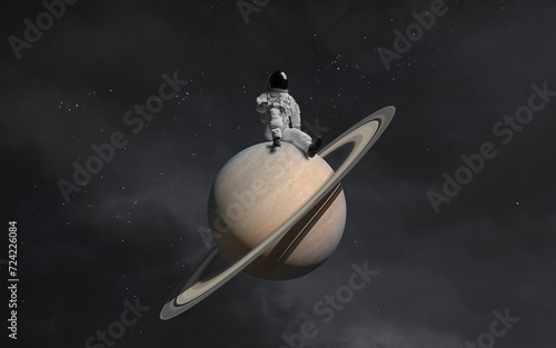 3D illustration of astronaut sitting on Saturn planet. Solar system. High quality digital space art in 5K - realistic visualization