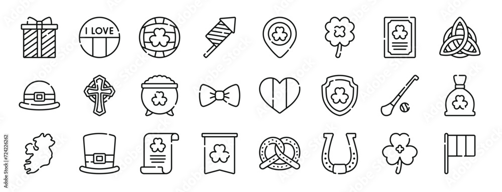 set of 24 outline web ireland icons such as gift, ireland, gaelic football, firecracker, st patrick, clover, greeting card vector icons for report, presentation, diagram, web design, mobile app - obrazy, fototapety, plakaty 