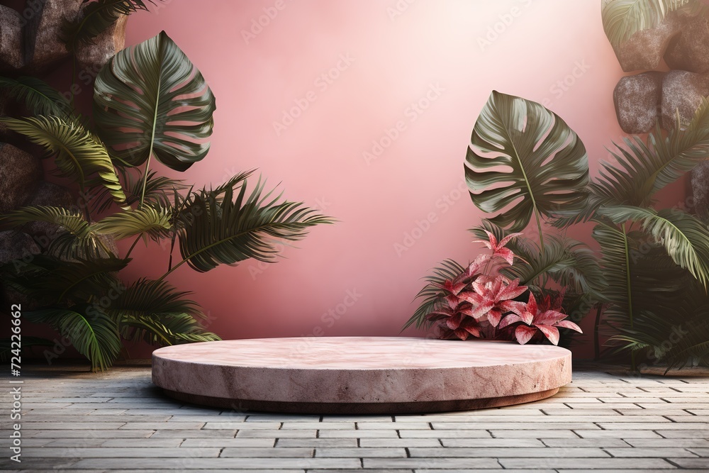 rock round platform podium with tropical leaves on pink background, template for montage or show product presentation rock round platform podium with tropical leaves on pink background, template for montage or show product presentation
