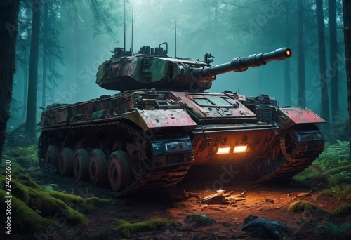 tank parked in a forest  with foliage growing around it