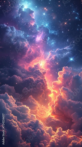 Vivid rainbow cosmic clouds with glowing particles. Mystical sparkling heaven. Ethereal nebula. Abstract beautiful sky. Concept of surreal cloudscape, fantasy art, mystery and miracle. Vertical © Jafree