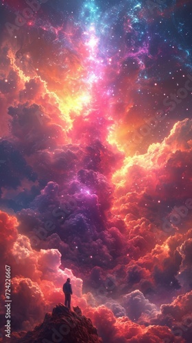 Human silhouette against a backdrop of cosmic clouds and starlight. Person observing the interstellar beauty of clouds and cosmos. Concept of universe's vastness, surreal cloudscape. Vertical