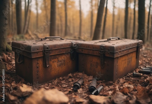 Wooden military crates for weapons and ammunition laid in the forest.