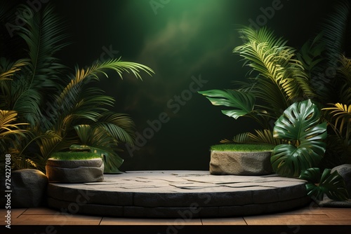 stone platform podium with tropical leaves on green background, template for montage or product advertising presentation