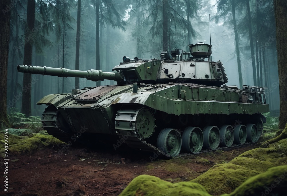 tank parked in a forest, with foliage growing around it tank parked in a forest, with foliage growing around it
