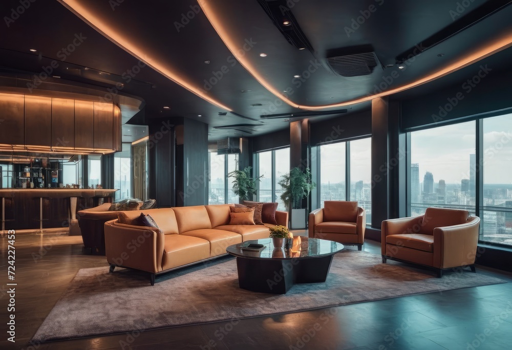 Fototapeta premium Big empty modern kitchen and living room wooden table, big couch and big windows