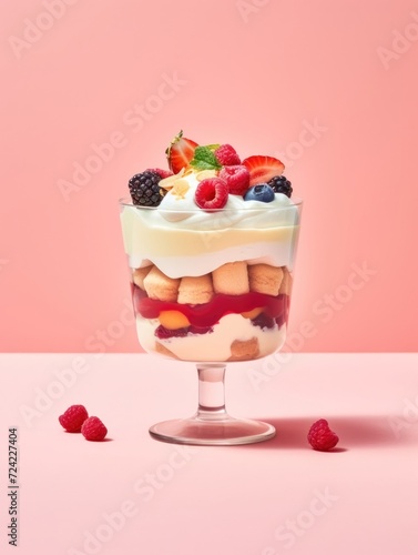 Sweet Dessert in glass with fruit and berry, decorated on peach background. Berry dessert with whipped cream for grocery package, menu, advert