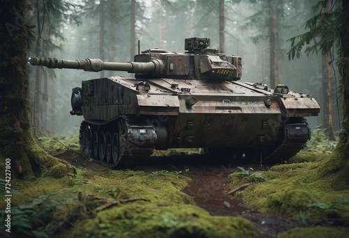 tank parked in a forest, with foliage growing around it