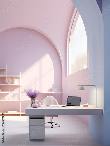 Pastel pink & blue office interior, rounded furniture with natural light © TypeFairy