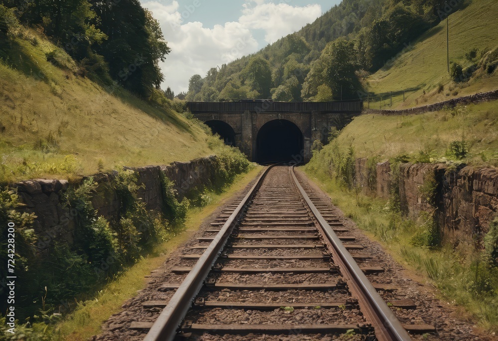 Rusty train tracks lead into a dark tunnel in a desaturated landscape