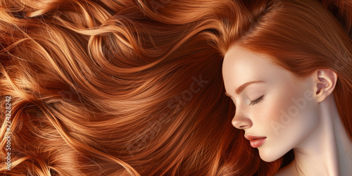 banner for a hair salon featuring glossy  wavy  beautiful red hair on a young woman with long  healthy hair.
