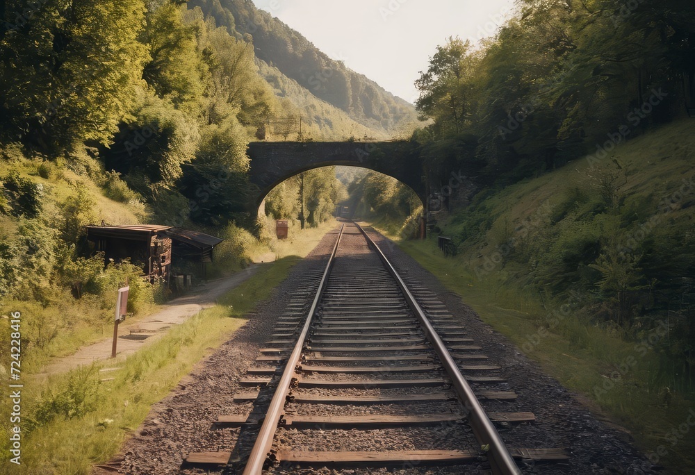 Rusty train tracks lead into a dark tunnel in a desaturated landscape Rusty train tracks lead into a dark tunnel in a desaturated landscape