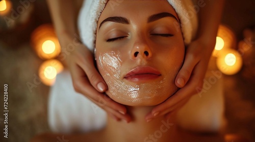 beautifil woman receiving facial massage and relaxing at spa