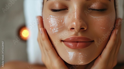 beautifil woman receiving facial massage and relaxing at spa
