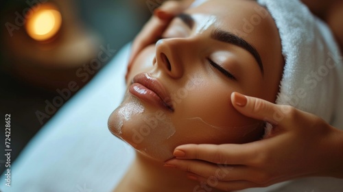 beautifil woman receiving facial massage and relaxing at spa