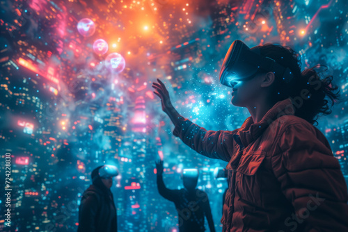 VR People Explore Vibrant Digital Metaverse - Virtual Reality Concept