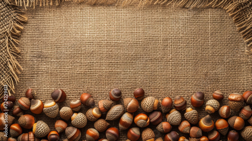 A rustic arrangement of acorns creates a border on a jute bag surface.