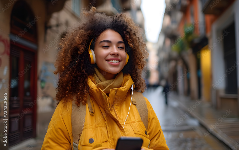 woman with phone and headphone walking in a street woman with phone and headphone walking in a street