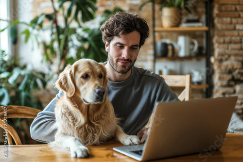 A handsome male model is woking on his laptop in home accompanied by his dog. Best friends © Michael