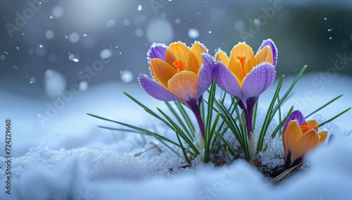 flowers bloom in white snow during the winter © Serega