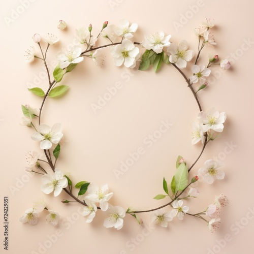 spring composition. A circle of buds and white blossoming apple flowers on a beige light pastel background. Flat lay, top view, copy space
