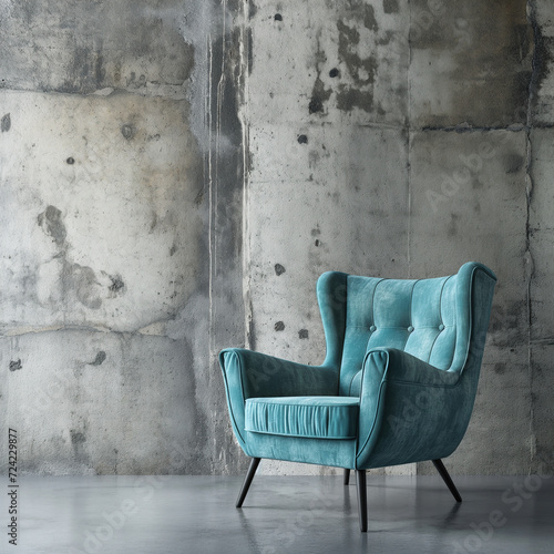 Velvet turquoise armchair in industrial room with grungy concrete wall. Elegant mid-century modern style furniture, fancy, soft and comfortable. Copy space.