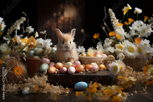 Cute baby rabbit on a table full of spring flowers and easter eggs in a barn